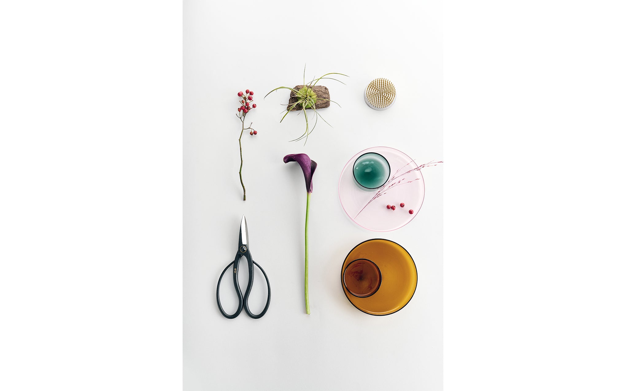 Kenzan tray set – brass, petrol green & amber