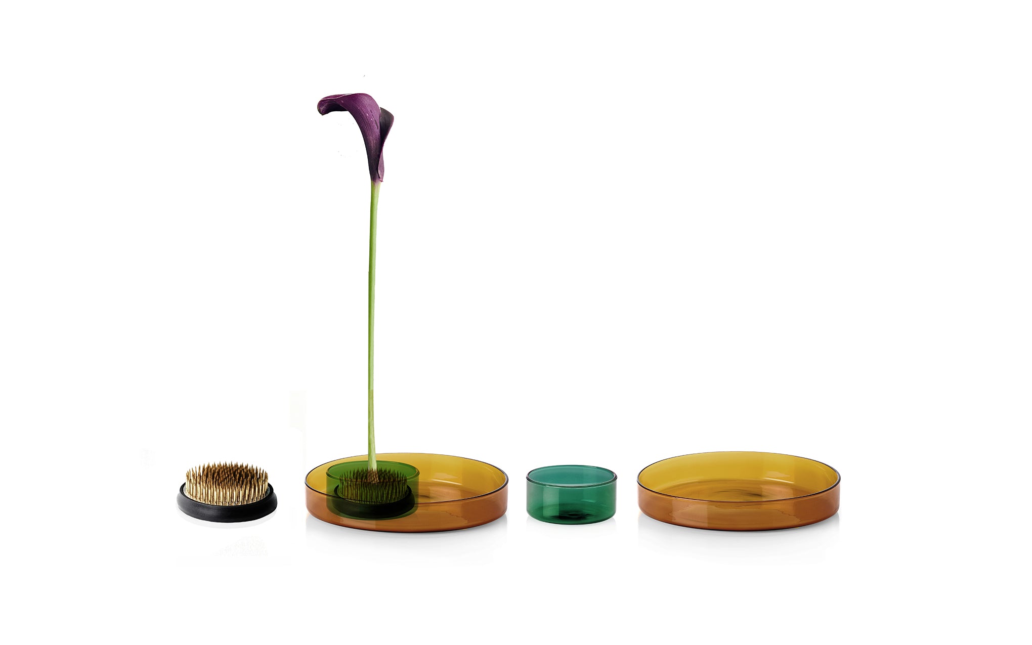 Kenzan tray set – brass, petrol green & amber