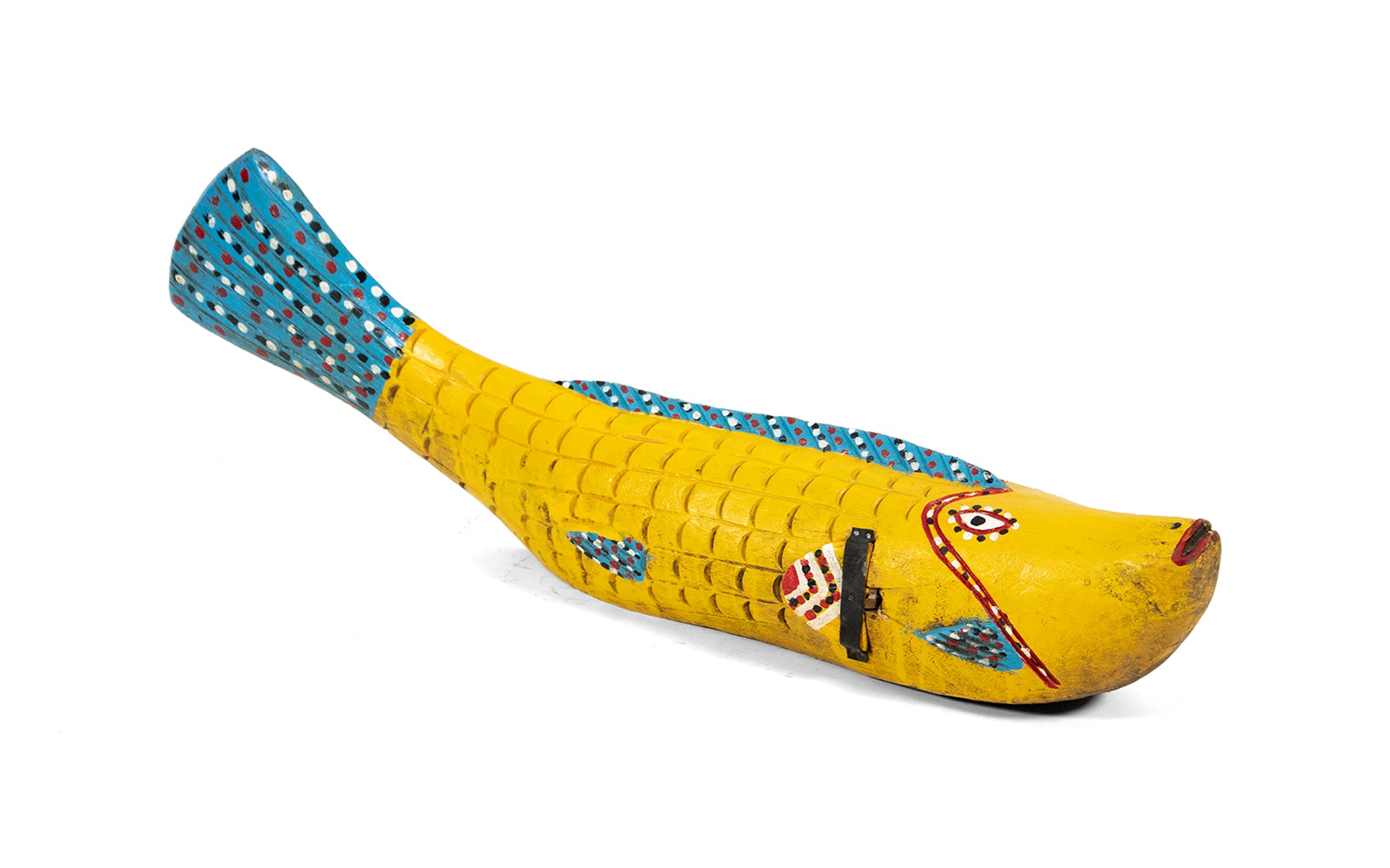 Wooden Bozo fish - yellow with blue fin