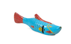 Wooden Bozo fish - light blue with red fins