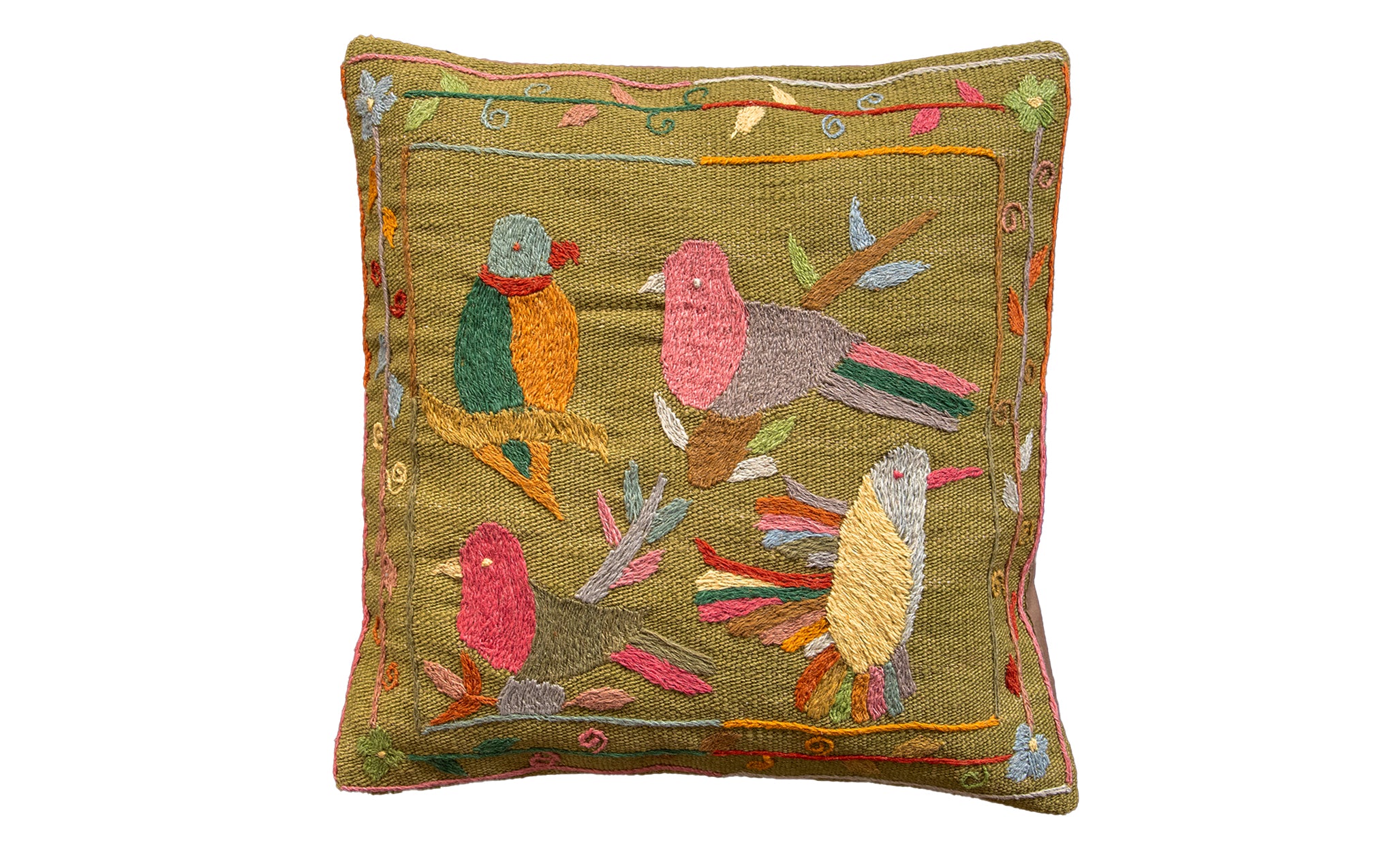Suzani embroidered green cushion - birds in tree