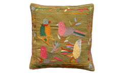 Suzani embroidered green cushion - birds in tree