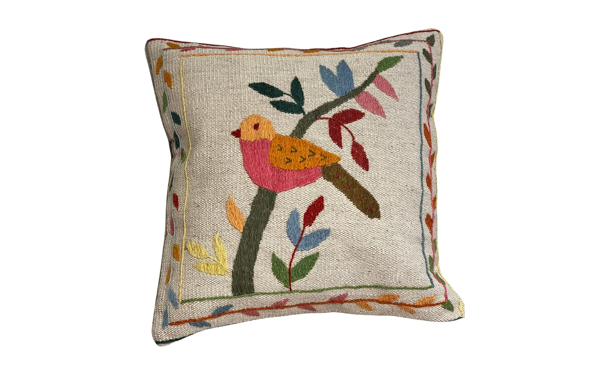 Suzani embroidered cream cushion - bird on branch