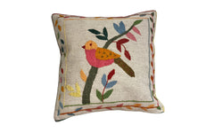Suzani embroidered cream cushion - bird on branch