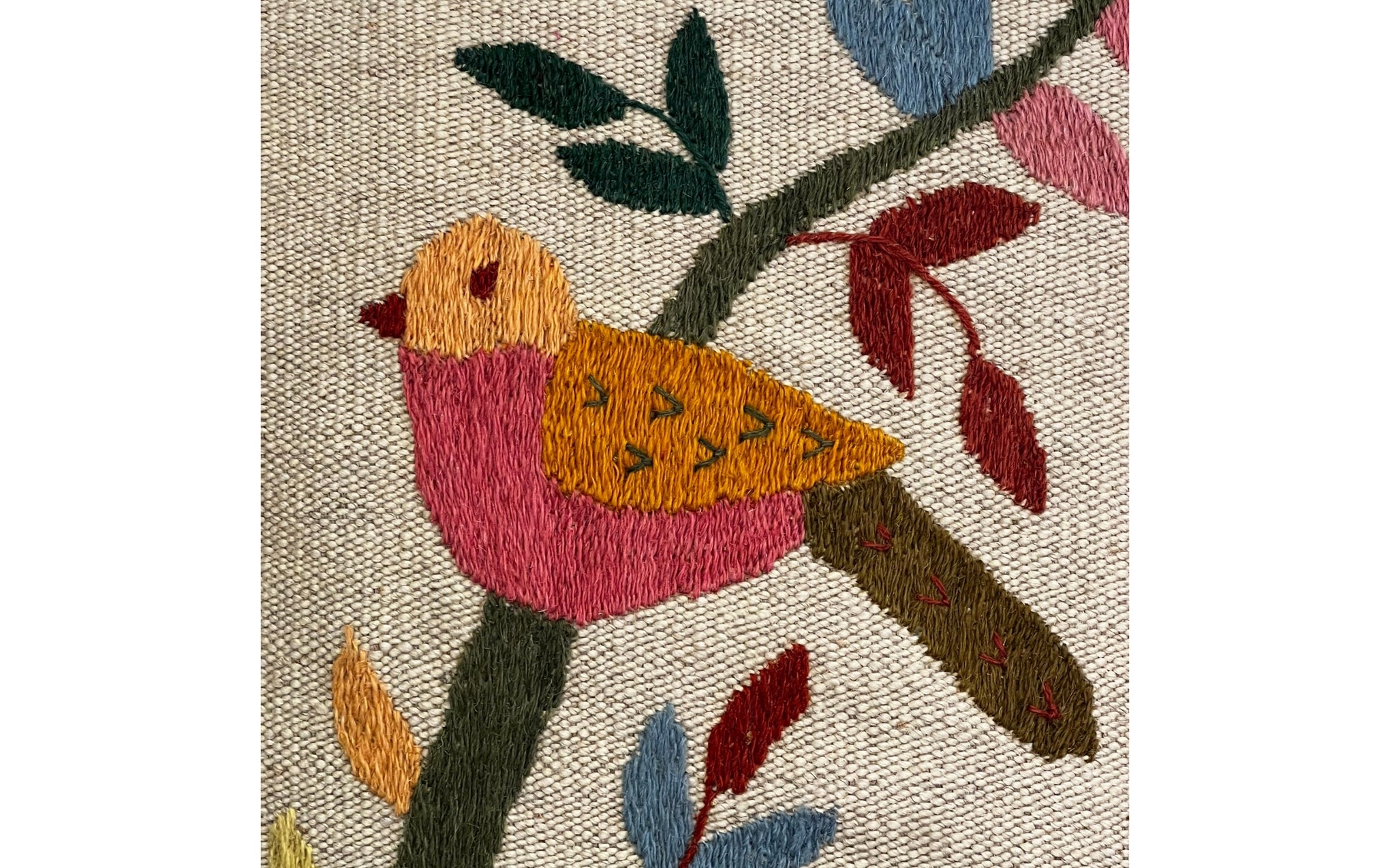 Suzani embroidered cream cushion - bird on branch