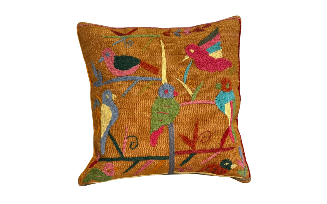 Suzani embroidered mustard cushion - birds in tree