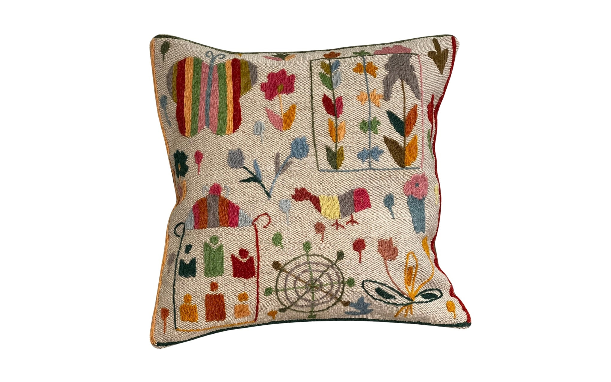 Suzani embroidered cream cushion - buildings & butterfly