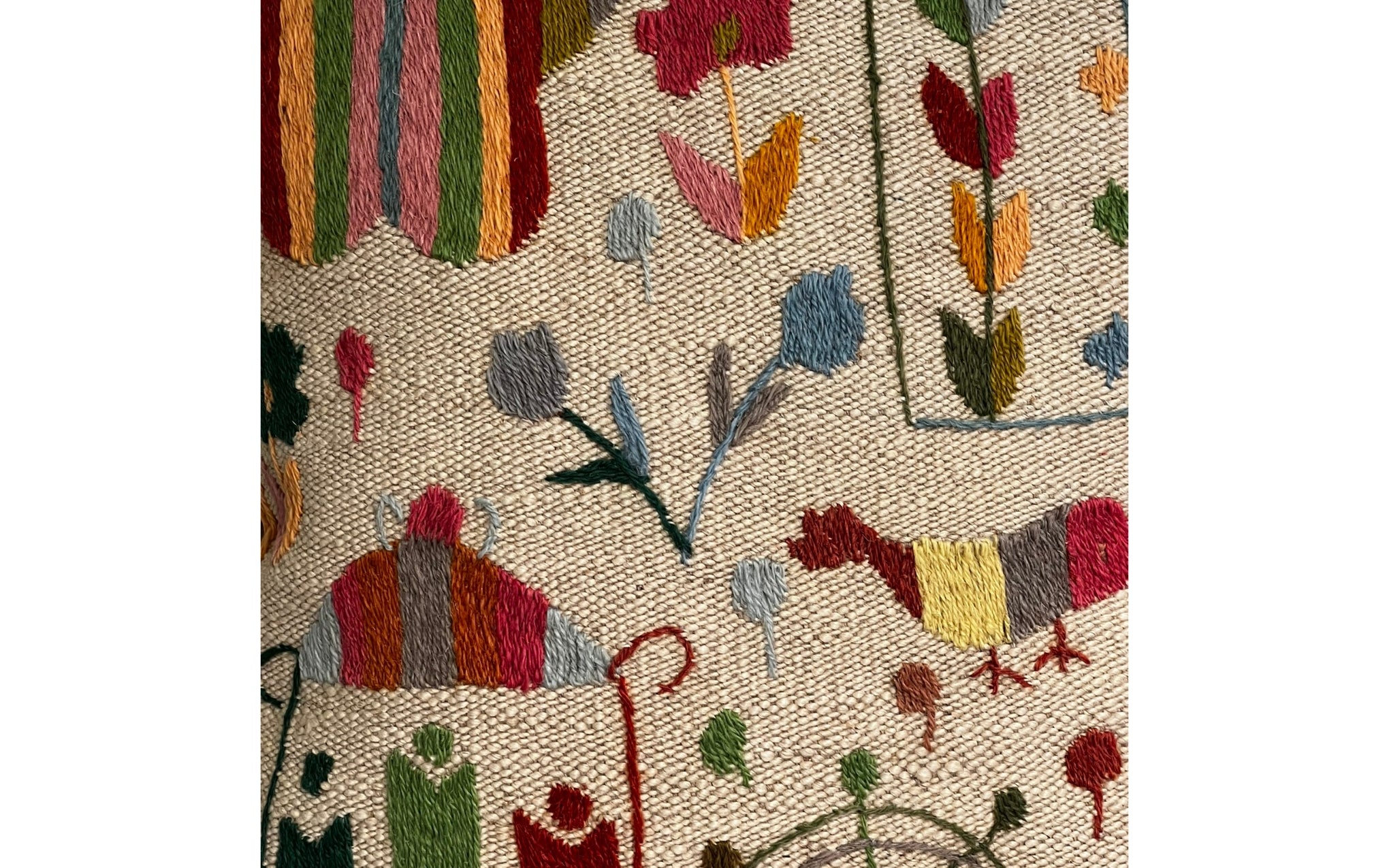 Suzani embroidered cream cushion - buildings & butterfly