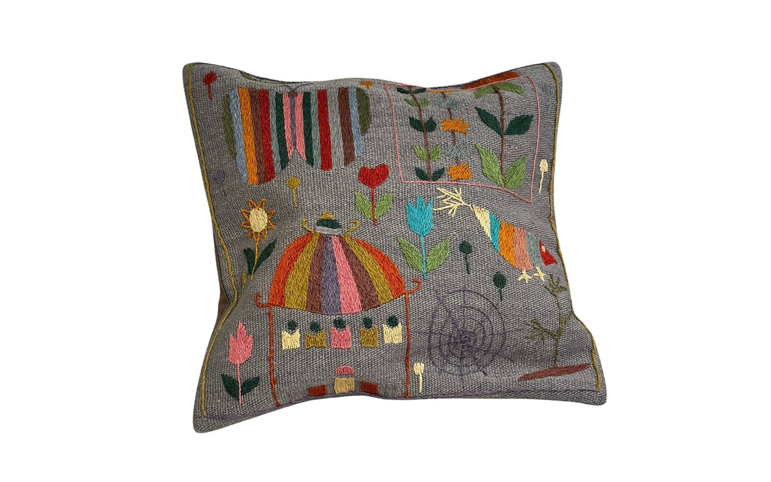 Suzani embroidered grey cushion - buildings & butterfly