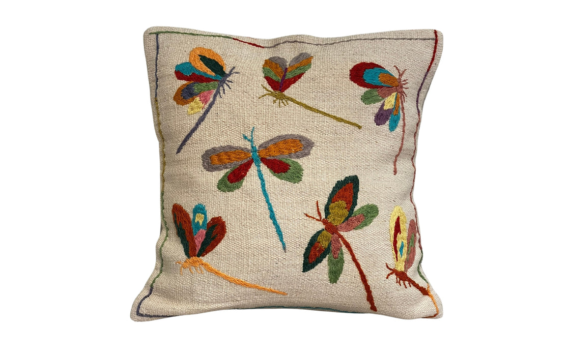 Suzani embroidered cream cushion - dragonflies