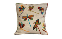 Suzani embroidered cream cushion - dragonflies