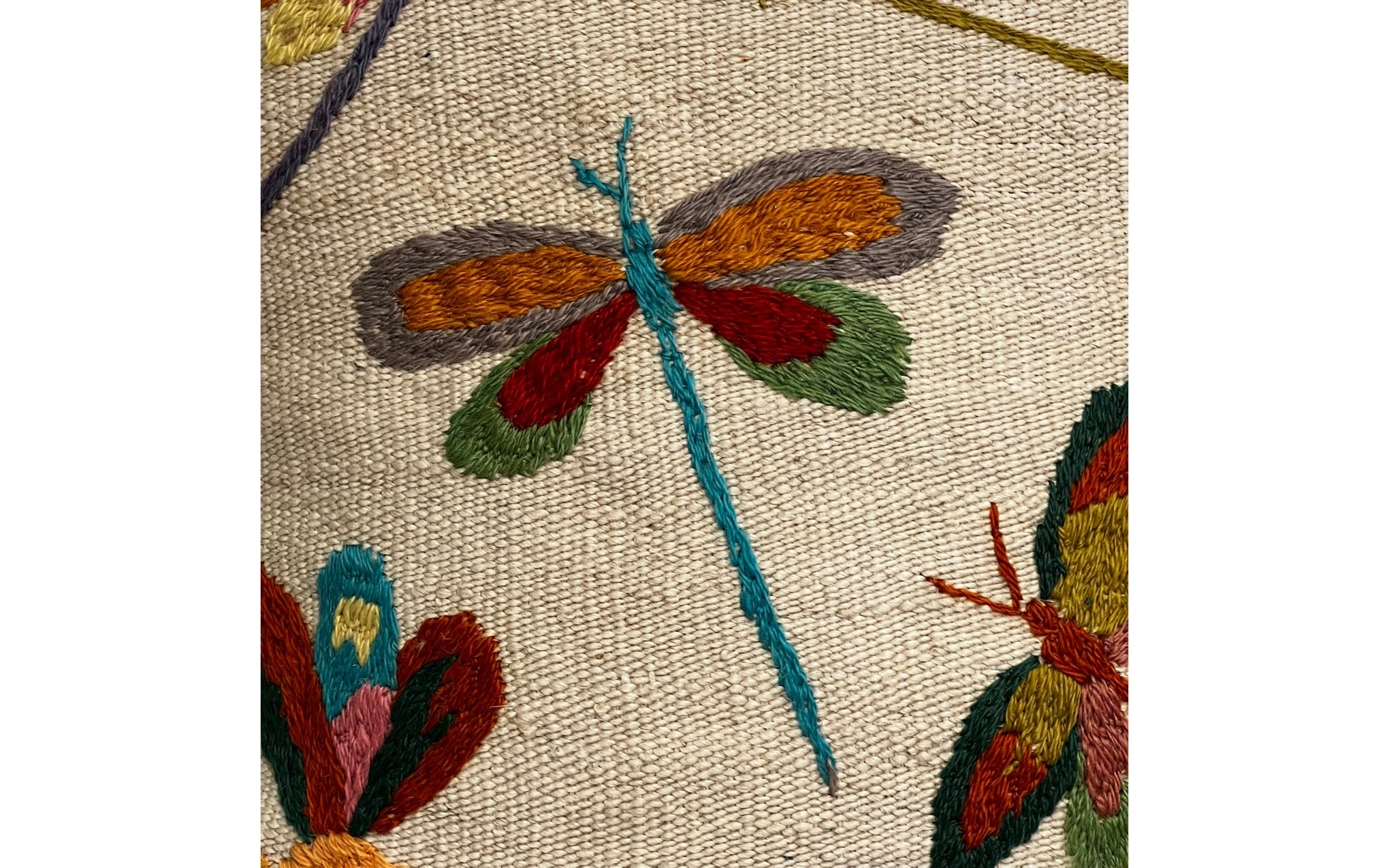Suzani embroidered cream cushion - dragonflies