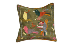 Suzani embroidered green cushion - hour birds