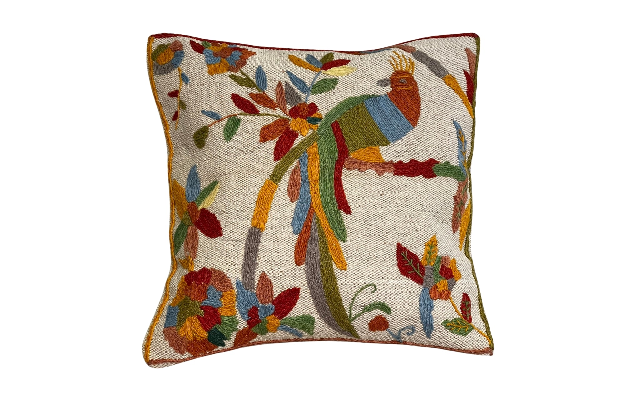 Suzani embroidered cream cushion - peacock
