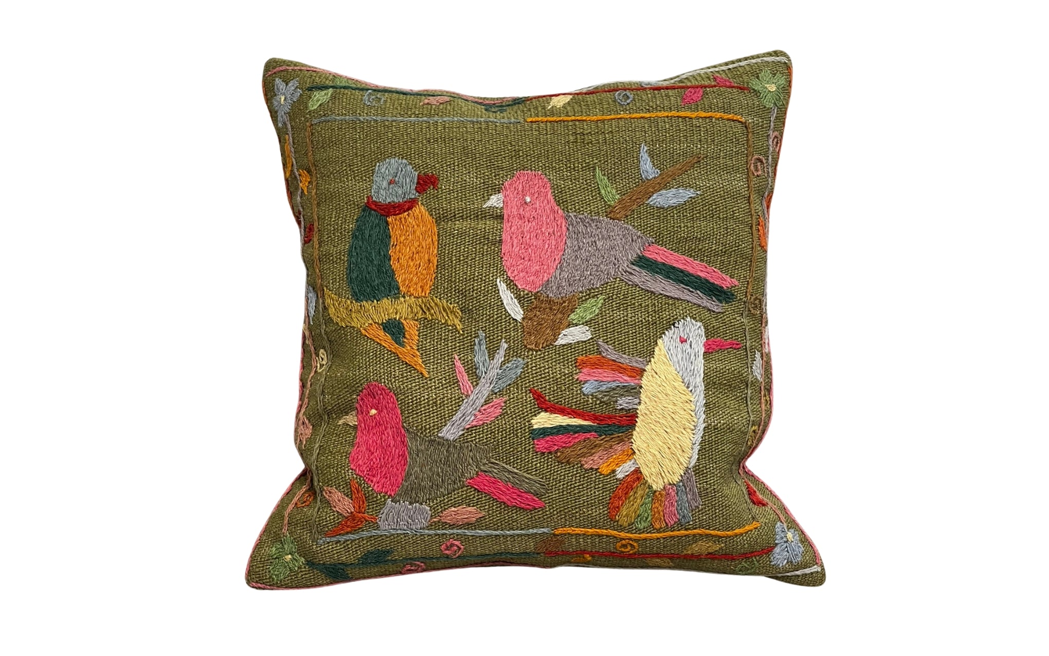 Suzani embroidered green cushion - birds in tree