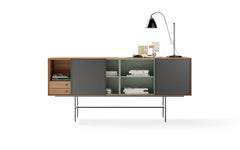 Aura sideboard with sliding doors - walnut, moss & anthracite