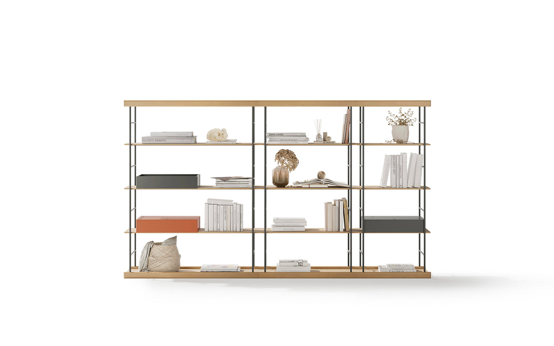 Bost shelving room divider - natural oak, graphite & black
