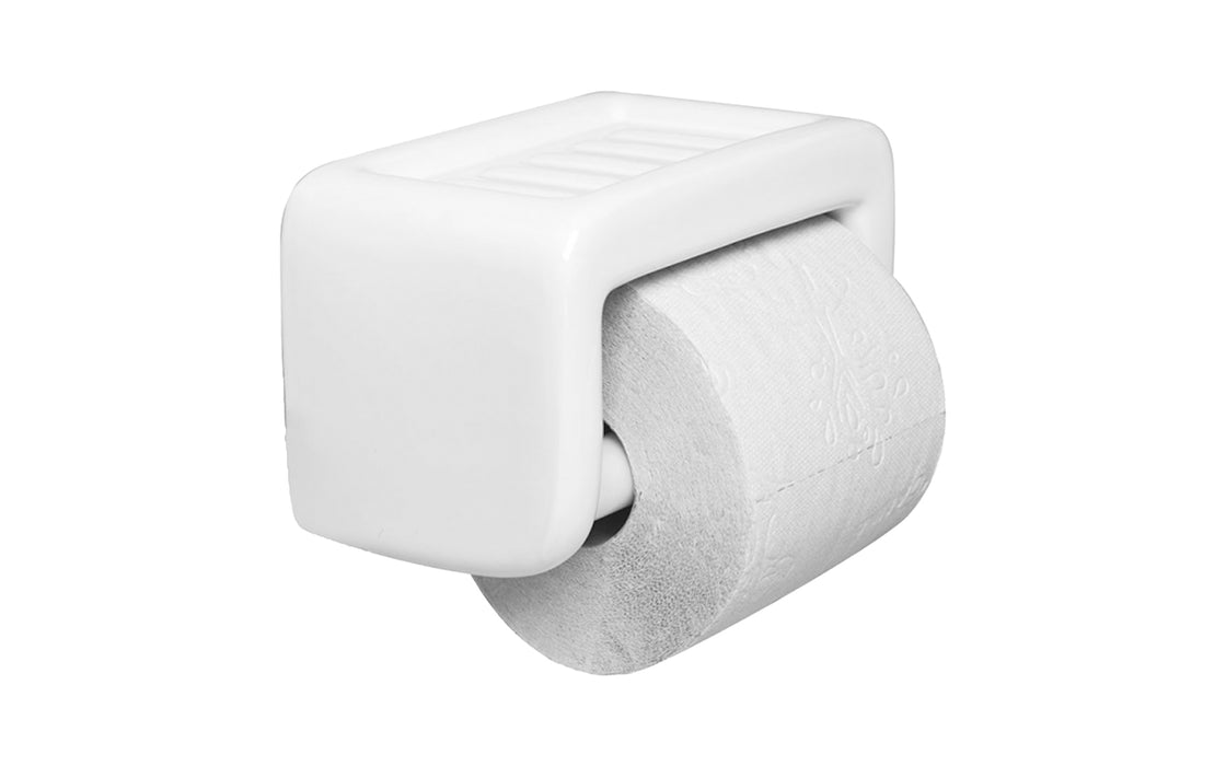 Porcelain toilet roll holder with soap dish
