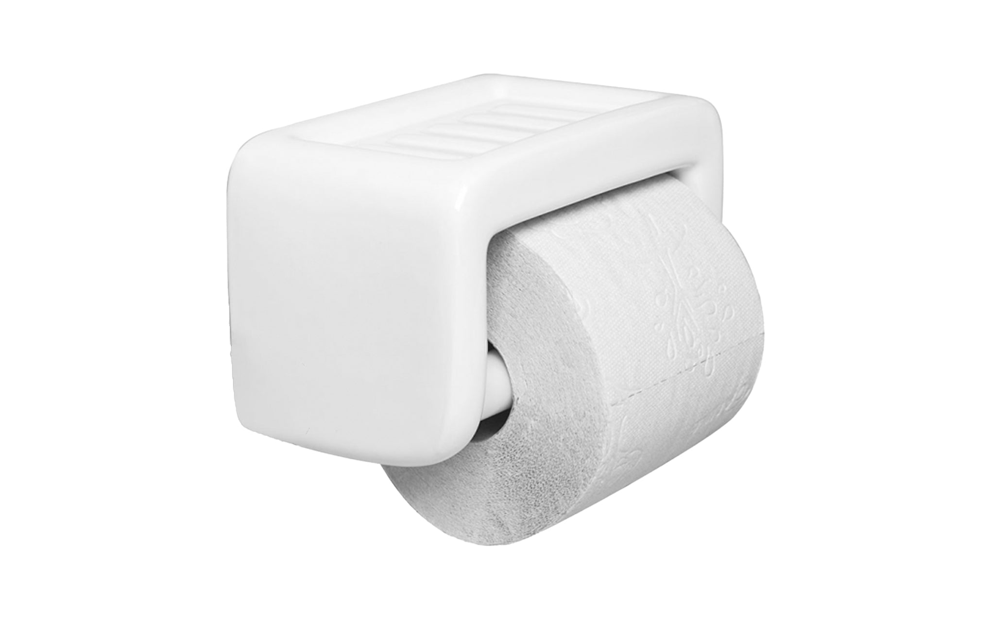 Porcelain toilet roll holder with soap dish