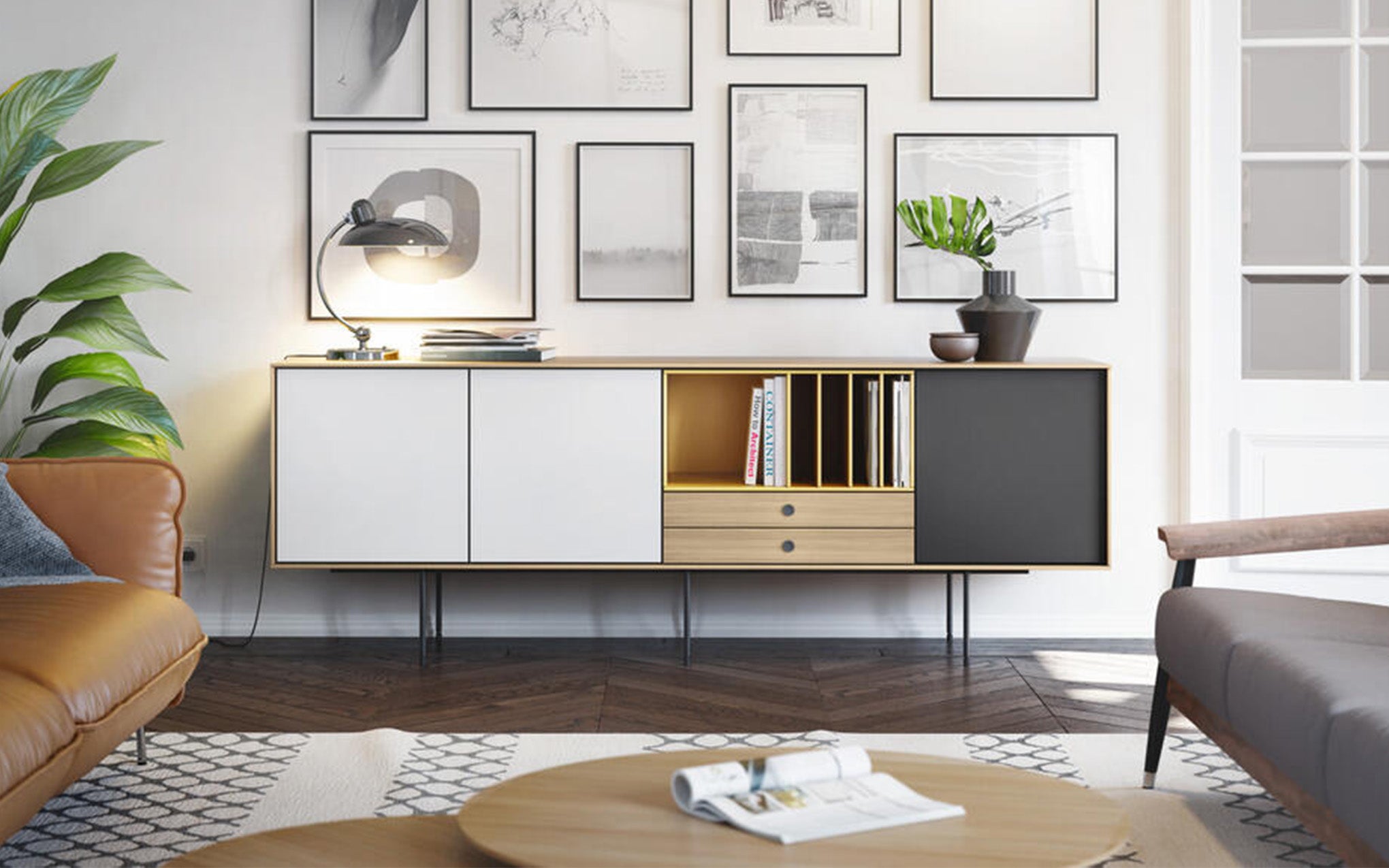 Aura sideboard - natural oak, white & graphite
