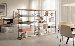 Bost shelving room divider - natural oak, graphite & black
