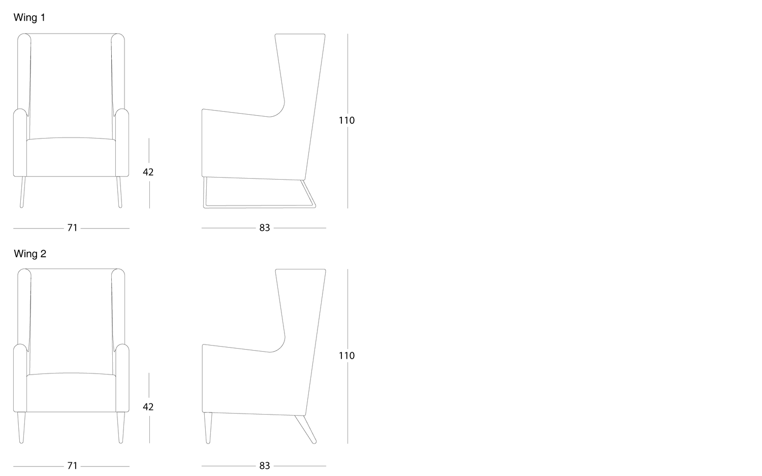 Wing 2 armchair - wooden legs